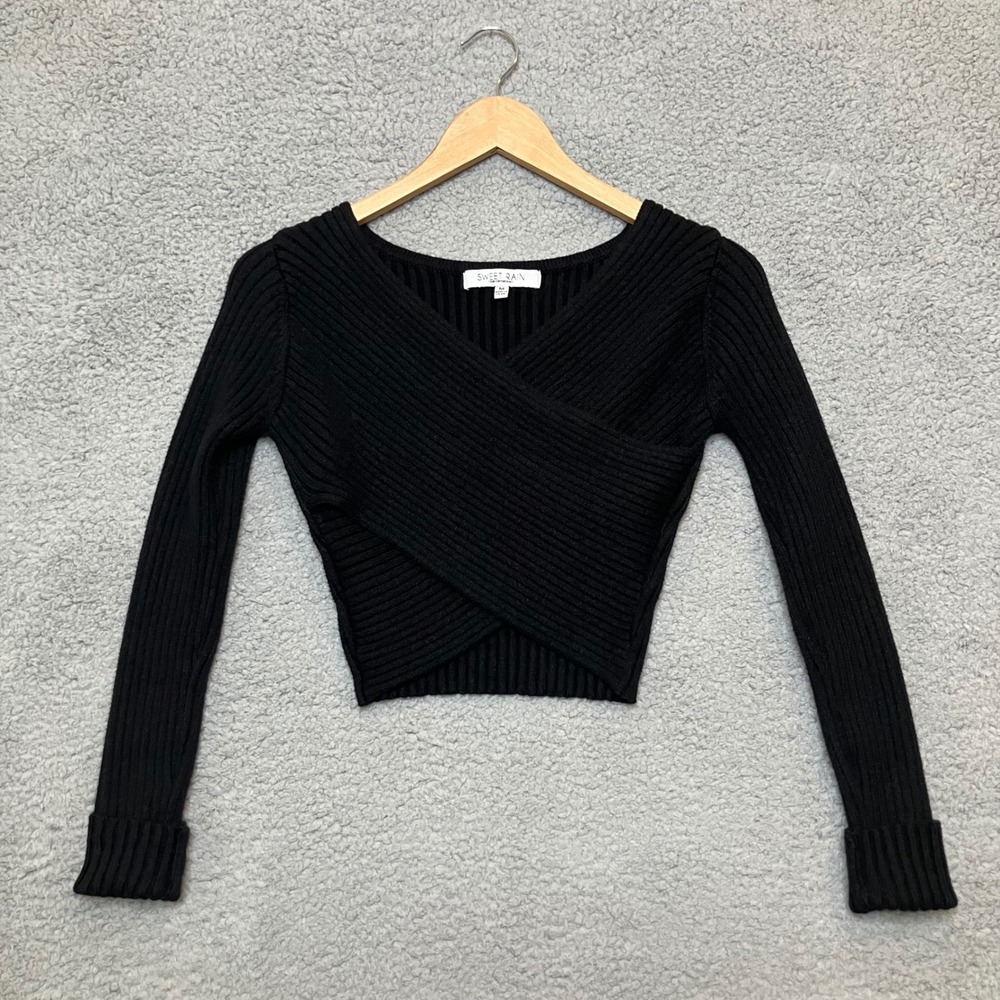 Sweet Rain Crop Top Women M Black Ribbed Wrap Knit Long Sleeve Layering Textured